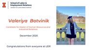 Valeriya Botvinik - Candidate for Master of Human Resources and Industrial Relations - December 2020 - Congratulations from everyone at LER!