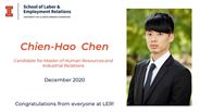 Chien-Hao Chen - Candidate for Master of Human Resources and Industrial Relations - December 2020 - Congratulations from everyone at LER!