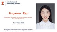 Jingxian Ren - Candidate for Master of Human Resources and Industrial Relations - December 2020 - Congratulations from everyone at LER!