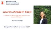 Lauren Scott - Candidate for Master of Human Resources and Industrial Relations - December 2020 - Congratulations from everyone at LER!