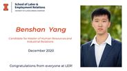 Benshan Yang - Candidate for Master of Human Resources and Industrial Relations - December 2020 - Congratulations from everyone at LER!